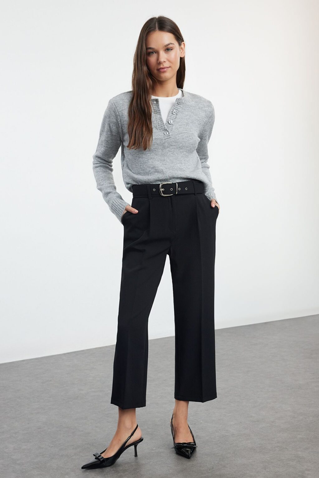 Trendyol Black Belted Ankle Length Woven Fabric Trousers