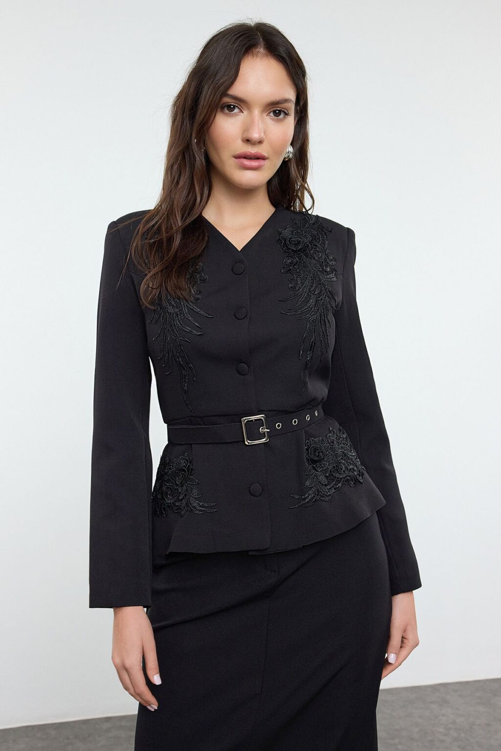 Trendyol Black Belted Embroidered Detailed Woven Jacket
