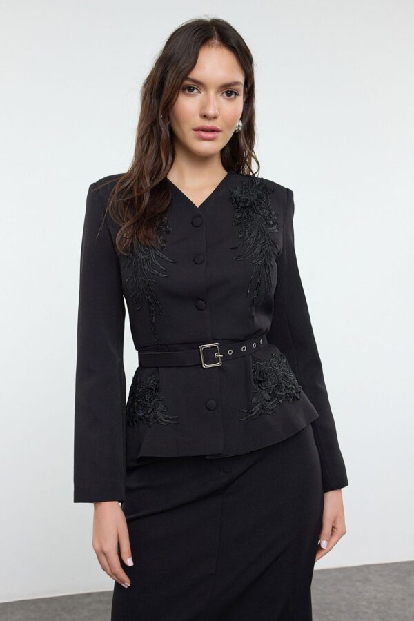 Trendyol Black Belted Embroidered Detailed Woven Jacket