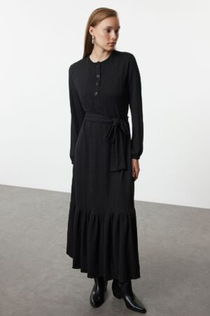 Trendyol Black Belted Knitted Rib/Casino Dress