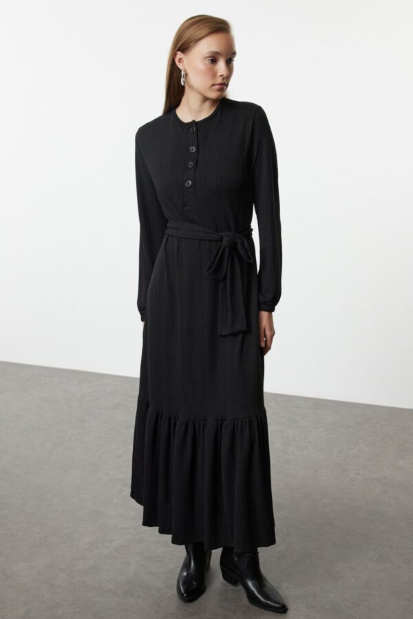 Trendyol Black Belted Knitted Rib/Casino Dress