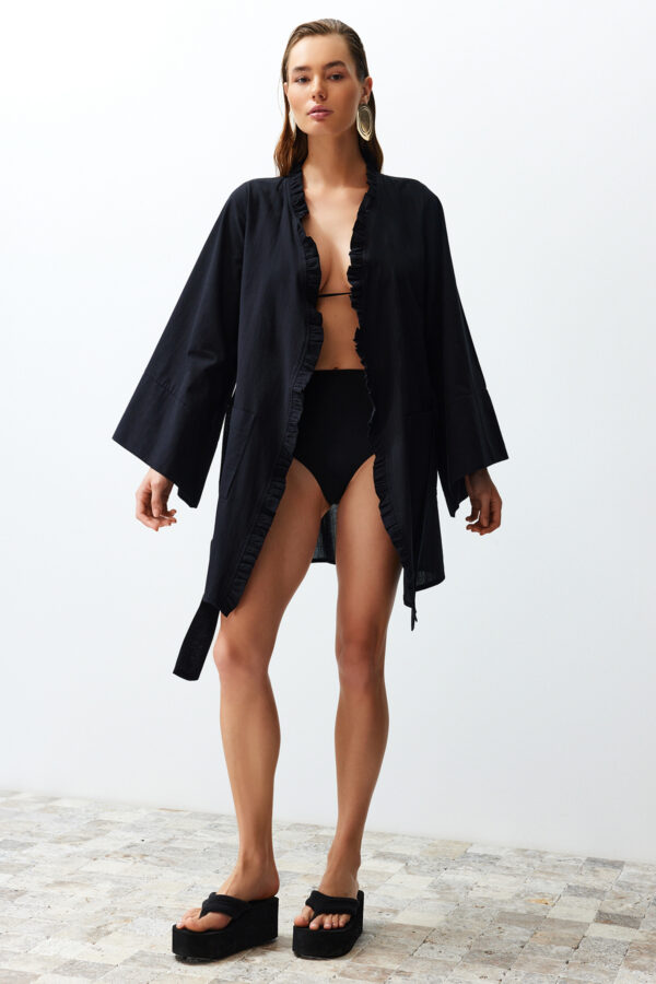 Trendyol Black Belted Mini Woven Ruffle 100% Cotton Kimono&Kaftan