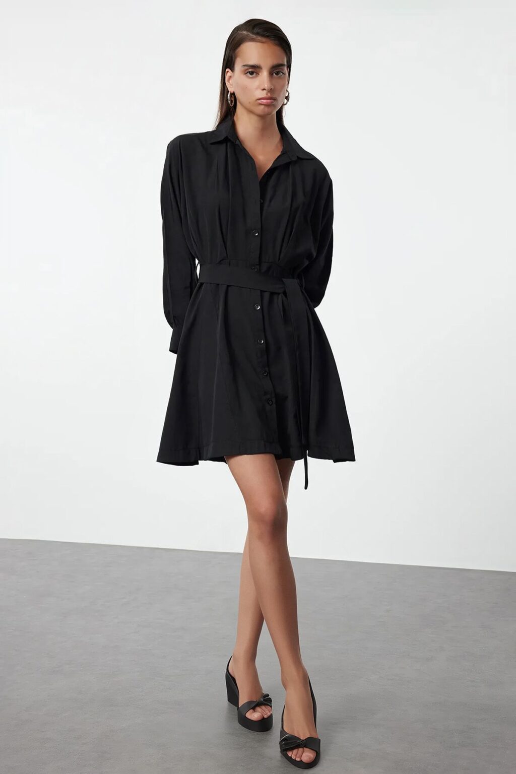 Trendyol Black Belted Mini Woven Shirt Dress