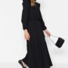 Trendyol Black Belted Ruffled Shoulder Skirt Flounced Lined Viscose Blend Woven Dress
