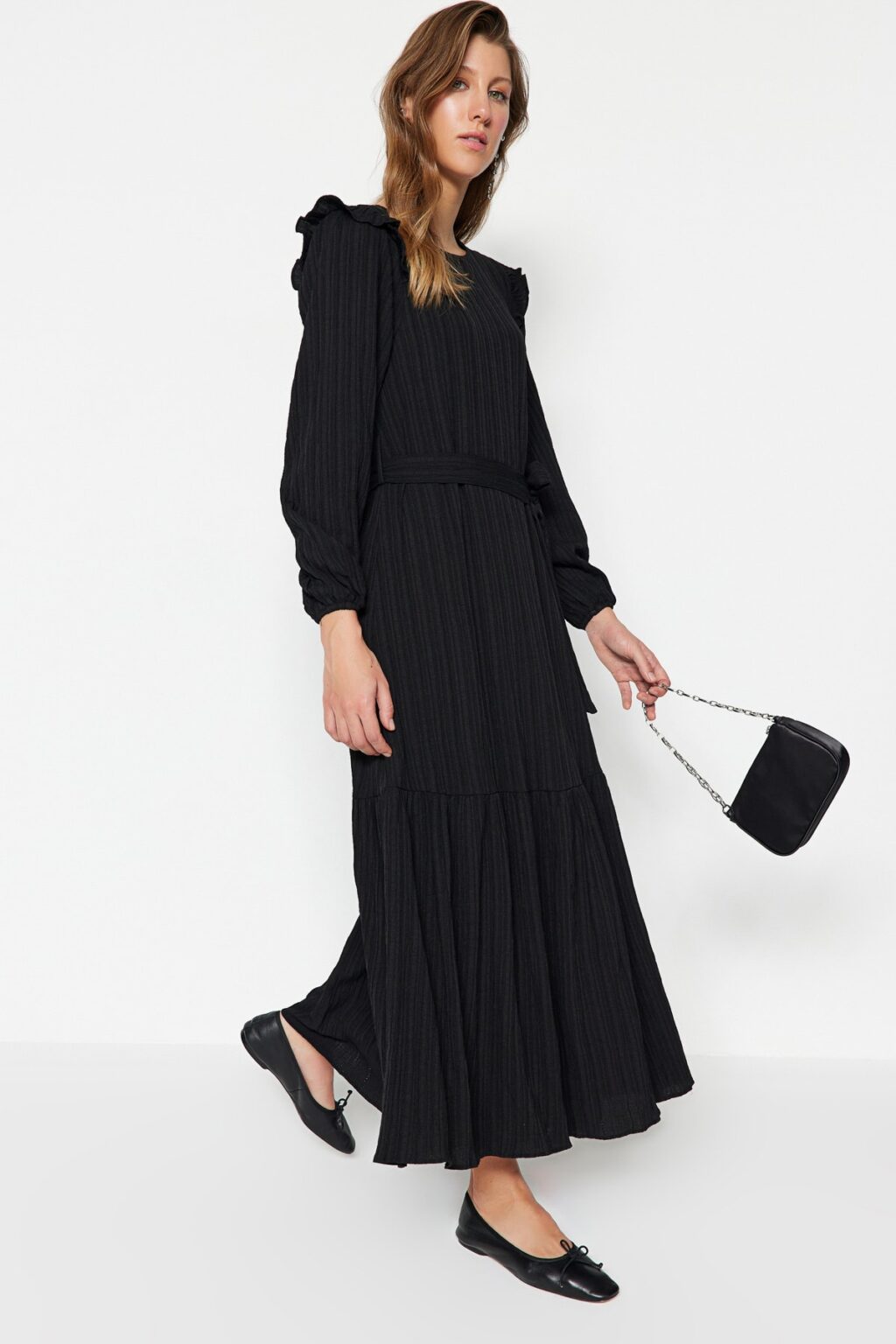 Trendyol Black Belted Ruffled Shoulder Skirt Flounced Lined Viscose Blend Woven Dress