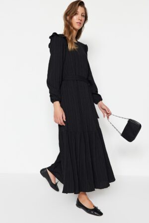 Trendyol Black Belted Ruffled Shoulder Skirt Flounced Lined Viscose Blend Woven Dress