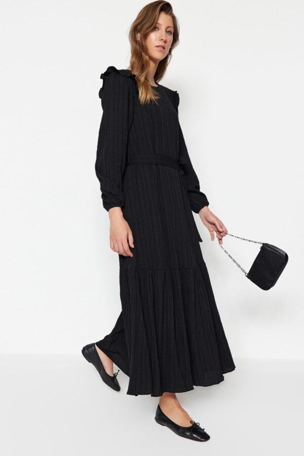 Trendyol Black Belted Ruffled Shoulder Skirt Flounced Lined Viscose Blend Woven Dress