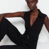 Trendyol Black Belted Shirt Collar Maxi Woven Jumpsuit