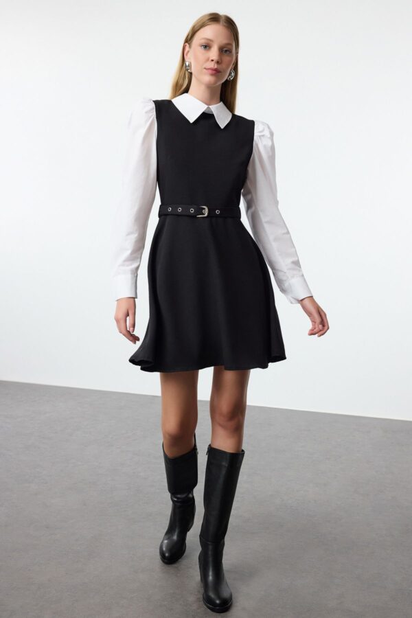 Trendyol Black Belted Waist Opening Shirt Detail Mini Woven Dress