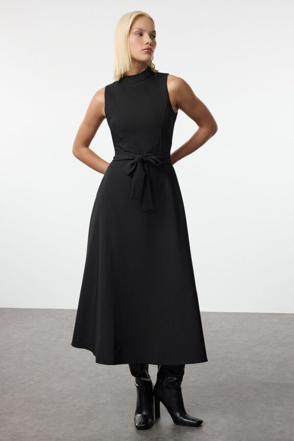 Trendyol Black Belted Waist Opening Stand Collar Midi Woven Dress