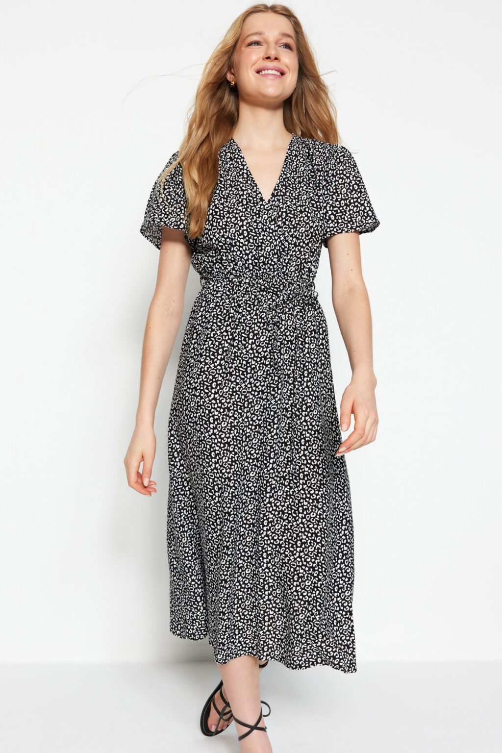 Trendyol Black Belted Woven Midi Double Breasted Neck Viscose Woven Dress