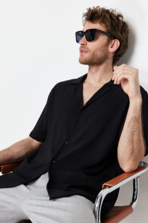 Trendyol Black Black Oversize Fit Summer Short Sleeve Linen Look Shirt Shirt
