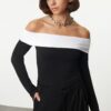 Trendyol Black Black-White Cotton Color Blocked Carmen Collar Crop/Short Knitted Blouse