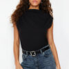 Trendyol Black Boat Neck Zero Sleeve Gathered Knitted T-Shirt