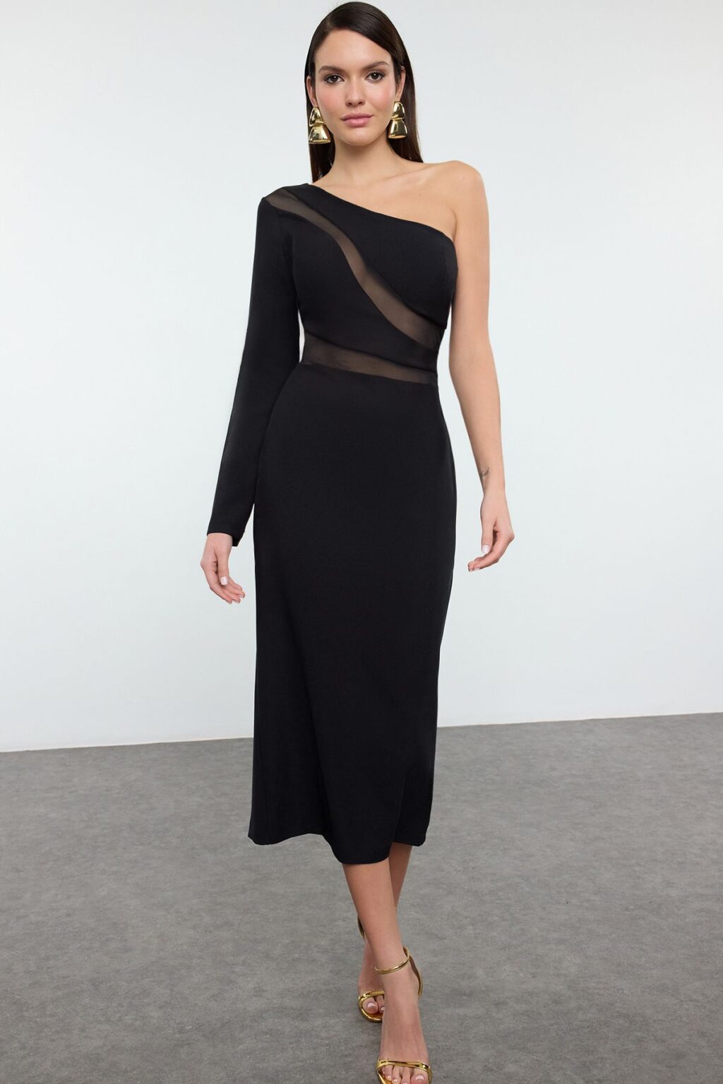 Trendyol Black Body-Sit Asymmetrical Collar Single Sleeve Woven Elegant Evening Dress