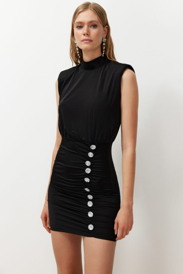 Trendyol Black Body-Sit Shiny Stone Knitted Short Elegant Evening Dress