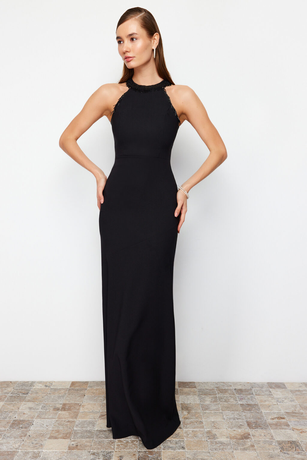 Trendyol Black Body-Sit Shiny Stone Woven Long Elegant Evening Dress