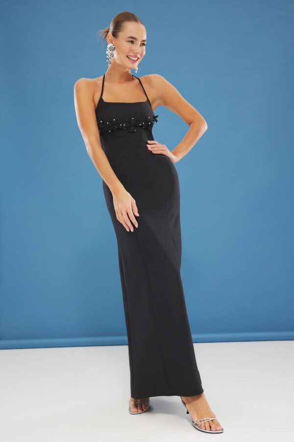 Trendyol Black Bodycon Floral Applique Woven Maxi Evening Dress