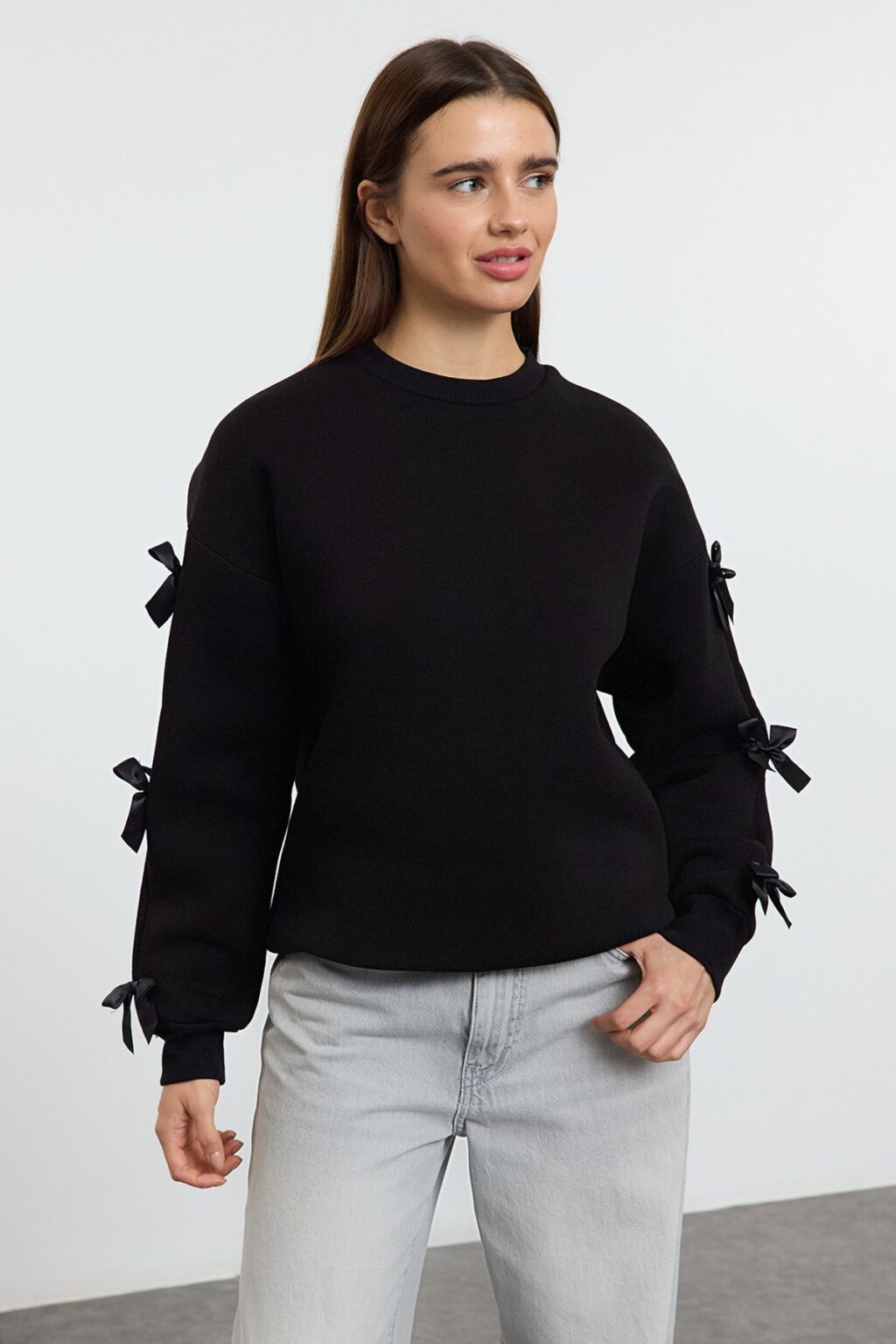 Trendyol Black Bow Detail Oversize/Wide Pattern Thick Polar Fleece Knitted Sweatshirt