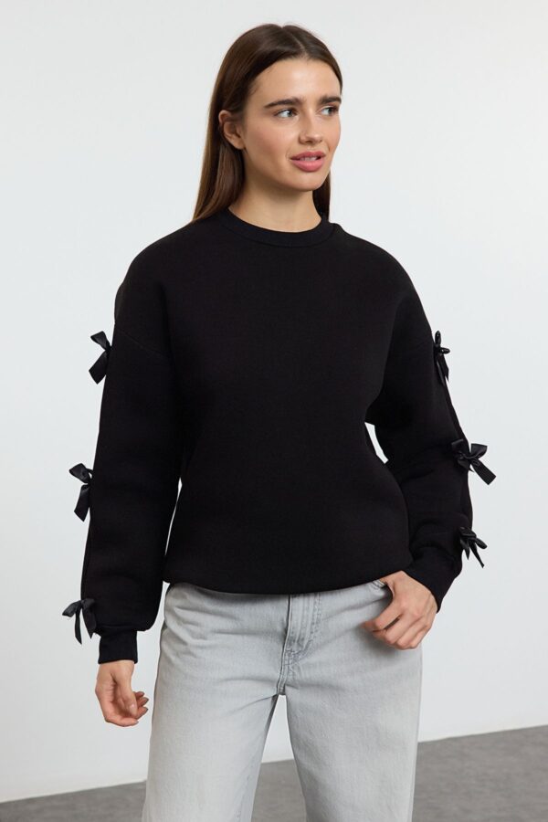 Trendyol Black Bow Detail Oversize/Wide Pattern Thick Polar Fleece Knitted Sweatshirt