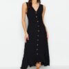 Trendyol Black Button Detail Shift/Straight Cut midi szőtt ruha