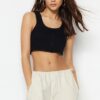 Trendyol Black Button Detailed Fitted Super Crop Corded Cotton Stretchy Knitted Bustier
