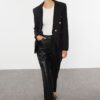 Trendyol Black Button Detailed Lined Fitted Waist Patterned Woven Blazer Jacket