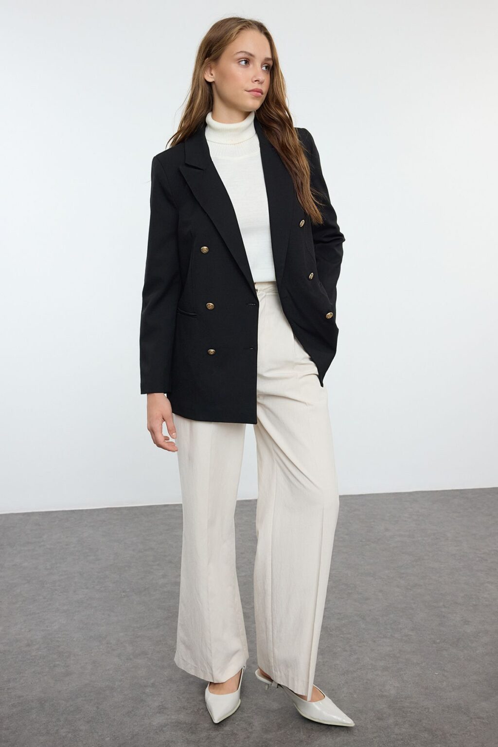 Trendyol Black Button Detailed Woven Blazer Jacket