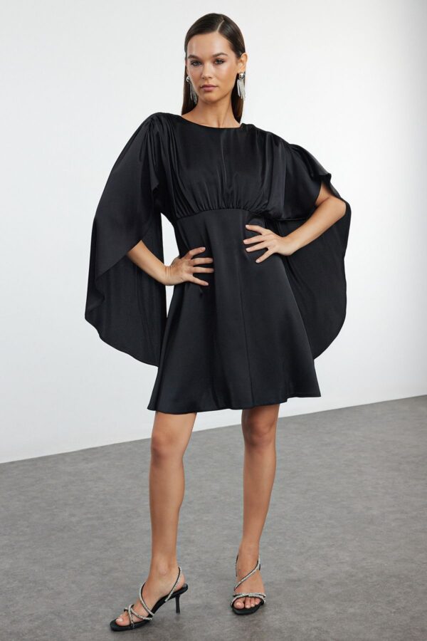 Trendyol Black Cape Detailed Woven Satin Mini Dress