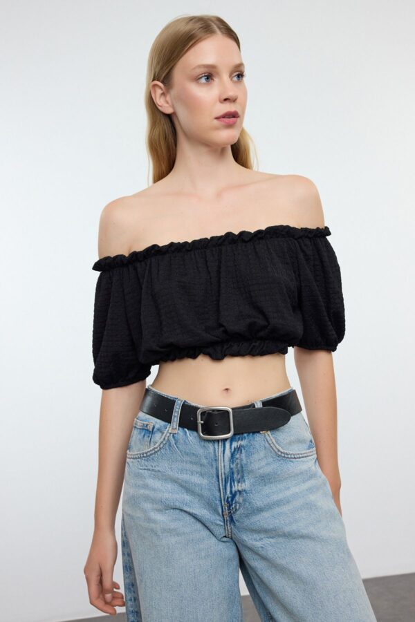 Trendyol Black Carmen Collar Regular/Normal Fit Wrap Crop Knitted Blouse