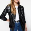 Trendyol Black Casual Fit Faux Leather Shirt With Pocket