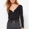 Trendyol Black Cotton Stretchy V Neck Fitted/Situated Stretchy Knitted Bodysuit
