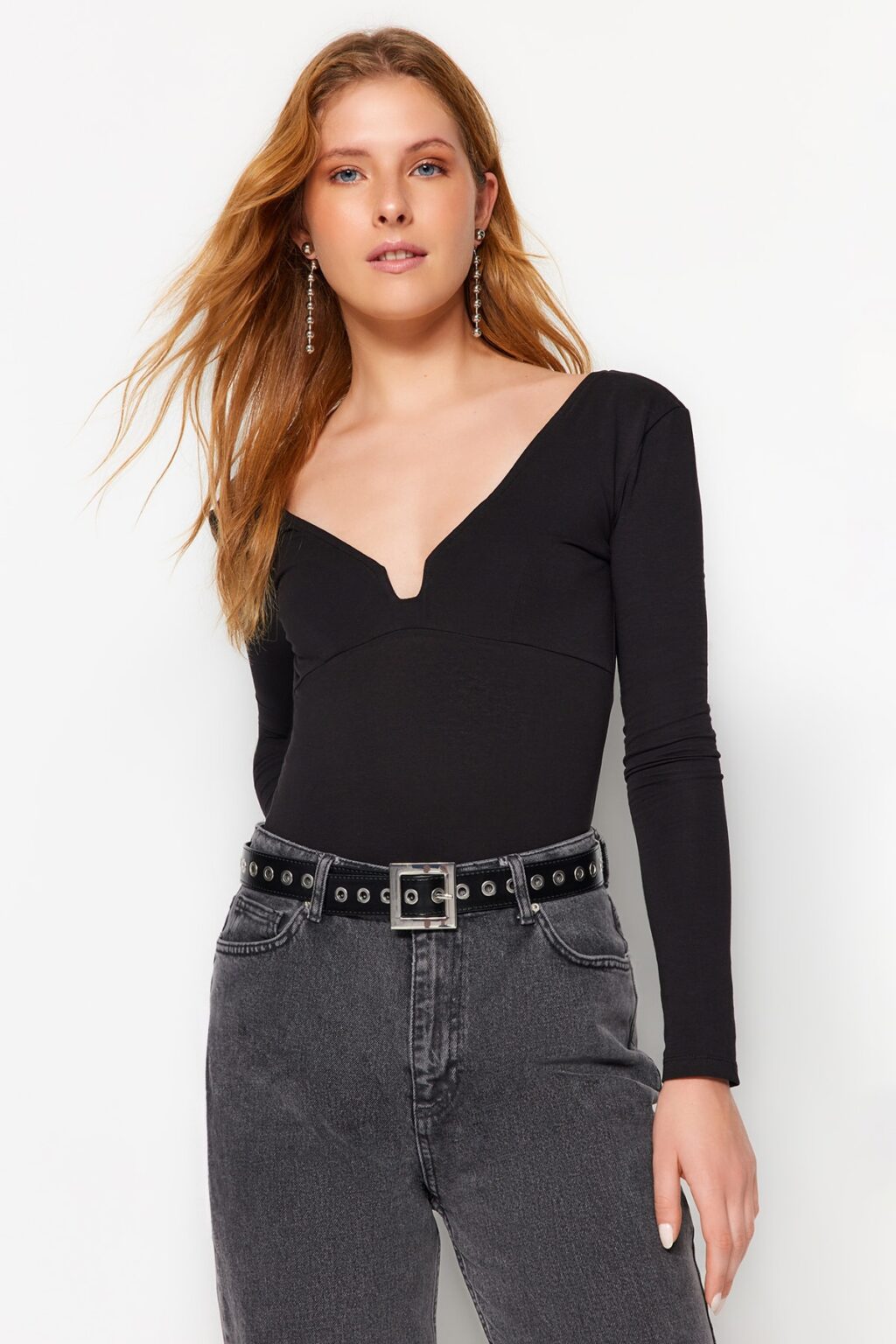 Trendyol Black Cotton Stretchy V Neck Fitted/Situated Stretchy Knitted Bodysuit