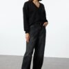 Trendyol Black Couple Basic Regular/Normal Pattern V-neck Thick Polar Fleece Knitted Sweatshirt