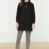 Trendyol Black Crew Neck Slit Detailed Printed Knitted Sweatshirt