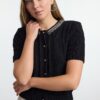 Trendyol Black Crop 100% Cotton Crew Neck Beaded Detailed Hair Knitted Sweater Cardigan