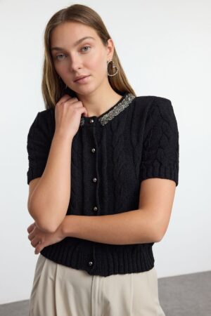 Trendyol Black Crop 100% Cotton Crew Neck Beaded Detailed Hair Knitted Sweater Cardigan Trendyol Black Crop 100% Cotton Crew Neck Beaded Detailed Hair Knitted Sweater Cardigan