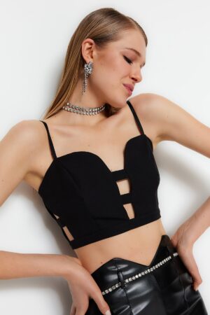 Trendyol Black Crop Lined Woven Window/Cut Out Detailed Bustier Trendyol Black Crop Lined Woven Window/Cut Out Detailed Bustier
