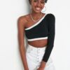 Trendyol Black Crop One-Shoulder Knitwear Blouse