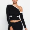 Trendyol Black Crop One Shoulder Sleeve Detachable Premium Yarn/Special Yarn Knitwear Sweater