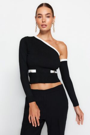 Trendyol Black Crop One Shoulder Sleeve Detachable Premium Yarn/Special Yarn Knitwear Sweater Trendyol Black Crop One Shoulder Sleeve Detachable Premium Yarn/Special Yarn Knitwear Sweater