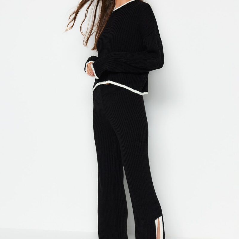 Trendyol Black Crop Ribbed Color Block Knitwear Bottom-Top Set