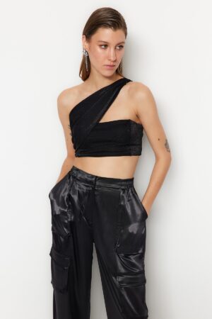 Trendyol Black Crop Shiny Knitted Bustier Trendyol Black Crop Shiny Knitted Bustier