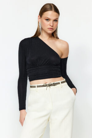 Trendyol Black Crop Shiny Silvery Knitted Bustier