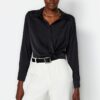 Trendyol Black Crop Shirt Collar Satin Woven Blouse