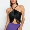 Trendyol Black Crop Tassel Detailed Woven Blouse