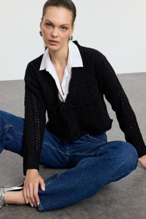 Trendyol Black Crop Tie Detail Knitwear Cardigan Trendyol Black Crop Tie Detail Knitwear Cardigan