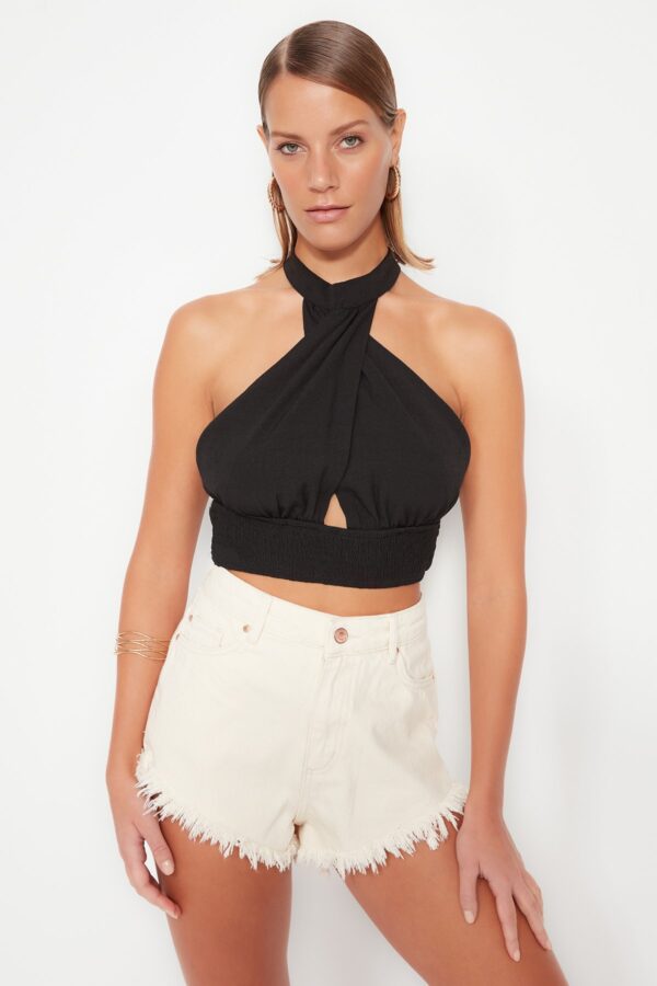 Trendyol Black Crop Woven Cut Out/Window Blouse