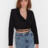 Trendyol Black Crop Woven Lined Double Breasted Closure Blazer Jacket
