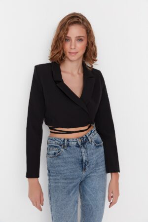 Trendyol Black Crop Woven Lined Double Breasted Closure Blazer Jacket Trendyol Black Crop Woven Lined Double Breasted Closure Blazer Jacket